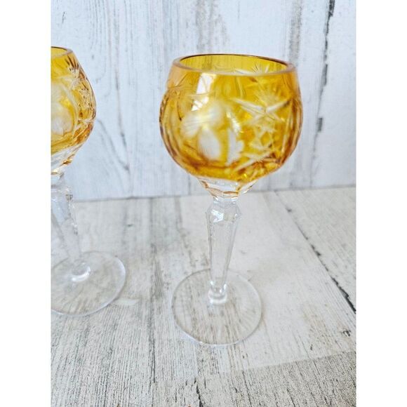 Vintage czech cut glass‎ yellow mini cordial glasses shot wine - Picture 2 of 9